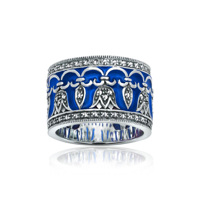 Wide Regal Marcasite and Royal Blue Enamel Band - Click Image to Close